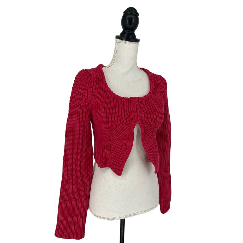 Recto Red Knit Chunky Scoop-Neck Crop Cardigan - Picture 7 of 14